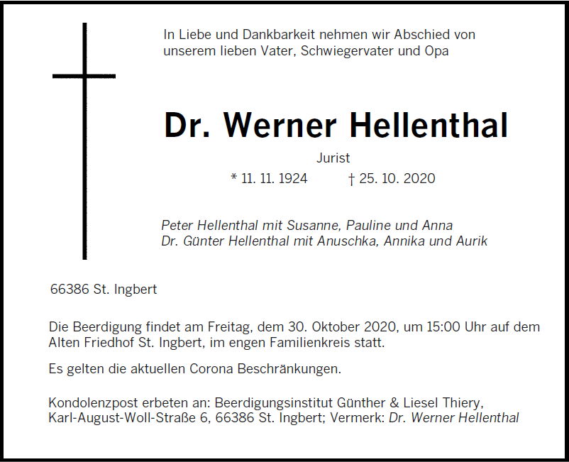 Todesanzeige Werner Hellenthal